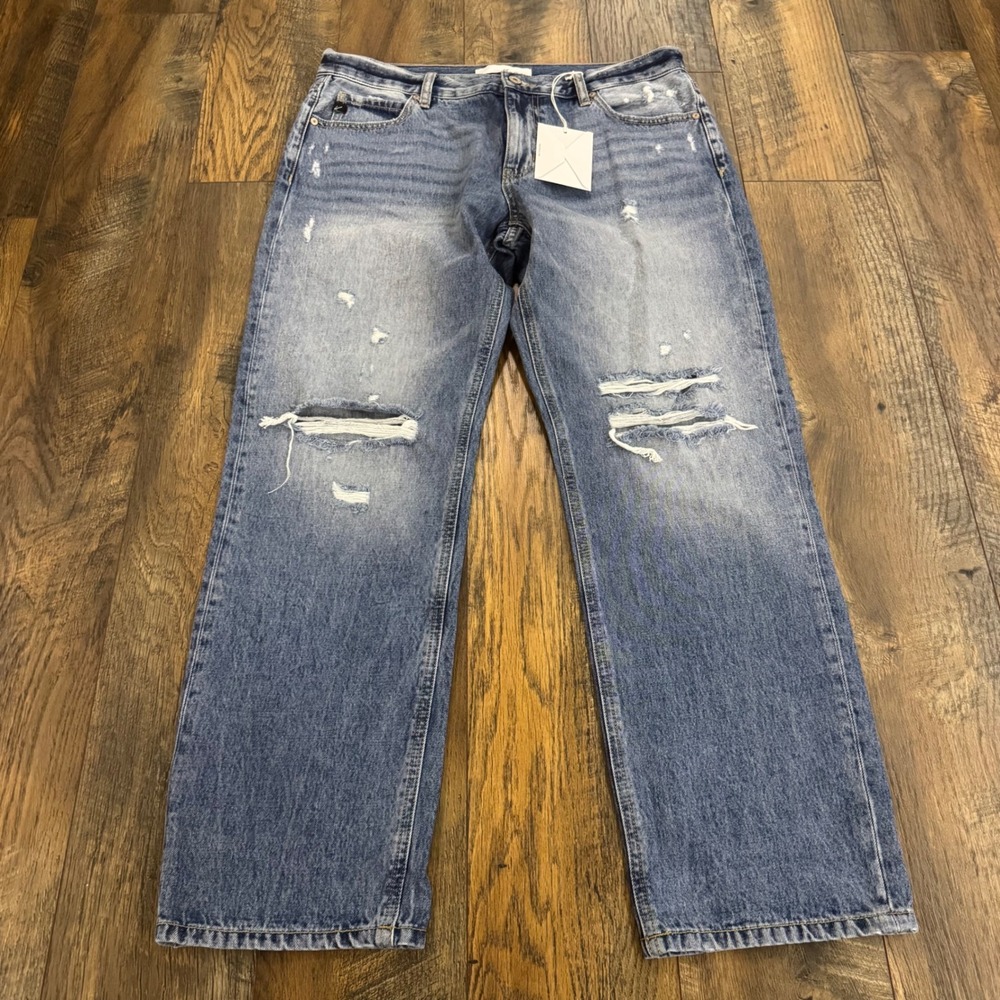 KanCan High Rise Straight Leg Distressed Jeans Medium Wash 11/29 Boho Cotton